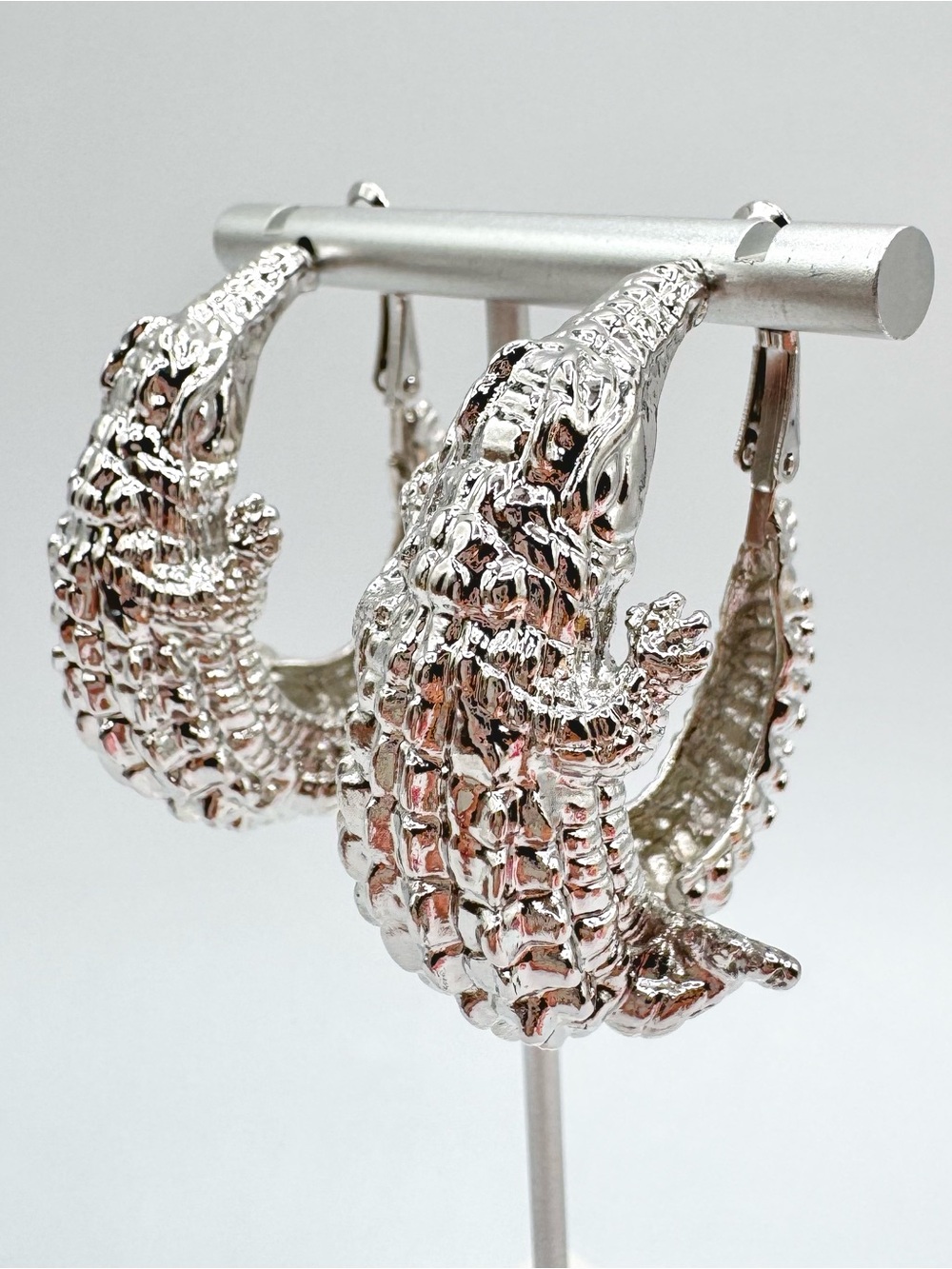 Big Alligator Crocodile Hoop Earrings Silver Tone Weird Wacky Reptile